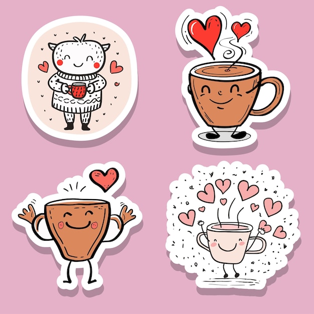 Vetor conjunto de adesivos de personagens amorosos de copos de café