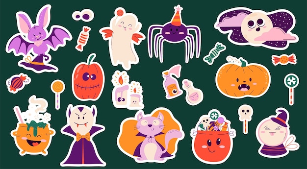 Conjunto de adesivos de personagens de mascote de Halloween coloridos desenhados à mão Vector design desenhado à mão