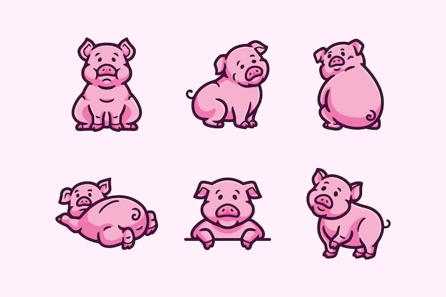 Conjunto de adesivos de porco coletado em vetor de personagens de desenhos animados