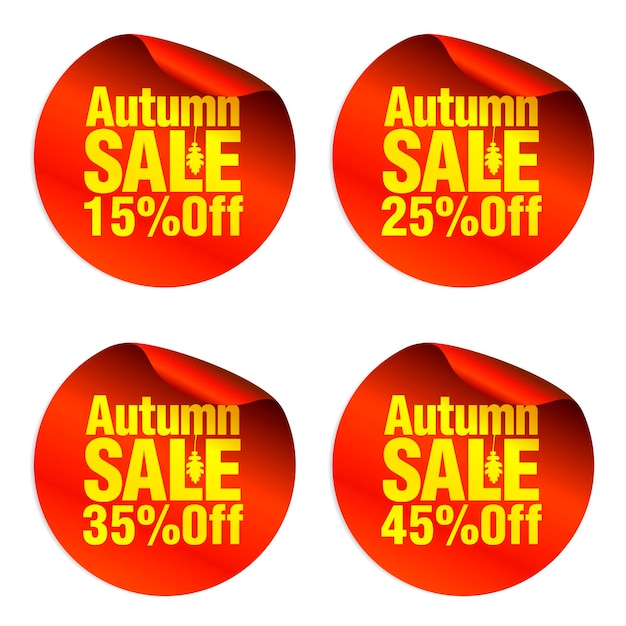 Vetor conjunto de adesivos de venda de outono vermelho 15 25 35 45 off