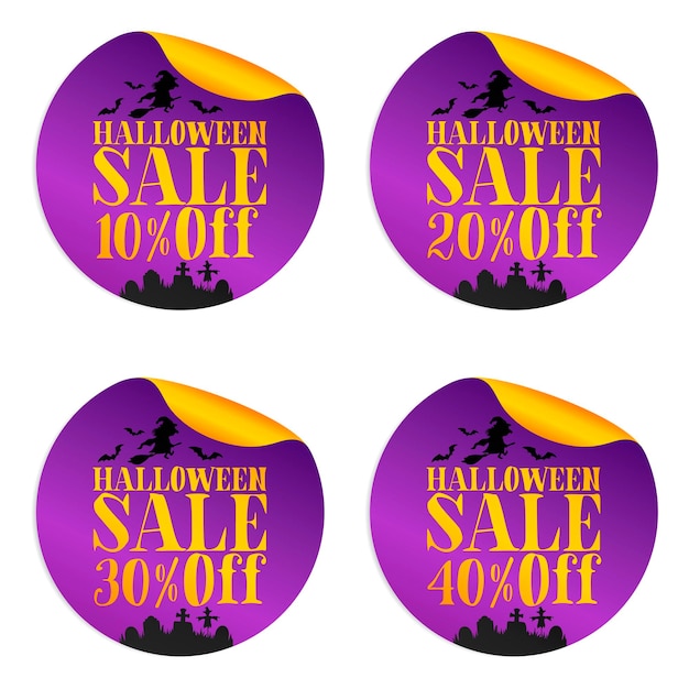 Conjunto de adesivos de venda violeta de halloween com bruxa 10 20 30 40 off