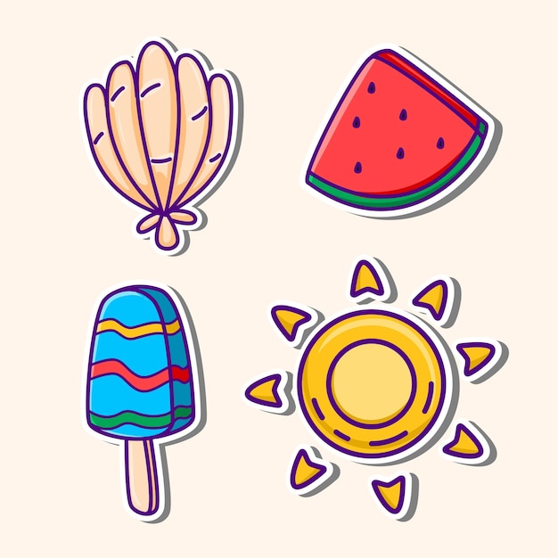 Conjunto de adesivos de verão bonito coleção de adesivos de férias tropicais pacote de ícones de doodle de férias de verão fofo