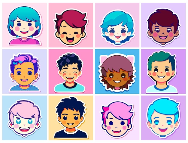 Conjunto de adesivos em estilo cartoon em forma de cabeças de meninos bonitos com sorrisos em seus rostos Pessoas de diferentes raças com várias cores de cabelo e pele Design plano simples