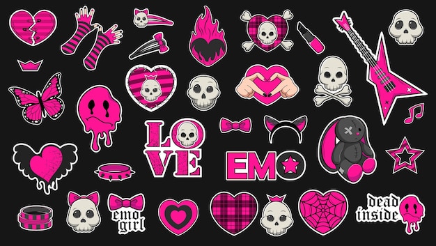 Vetor conjunto de adesivos emo da moda nas cores preto e rosa ácido emo atributos crânios tristes emoticons corações com padrões console de jogos com itens de roupas de jogo 01