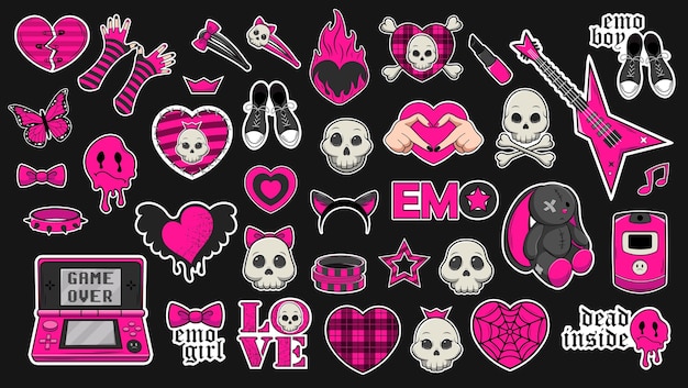 Vetor conjunto de adesivos emo da moda nas cores preto e rosa ácido emo atributos crânios tristes emoticons corações com padrões console de jogos com itens de roupas de jogo