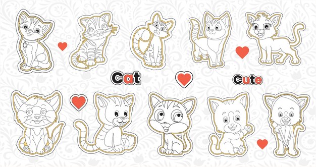 Vetor conjunto de adesivos fofos de gatos dos namorados coleção de adesivos de animais imprimíveis doodle animal de estimação para crianças