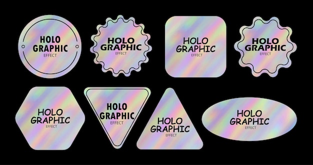 Conjunto de adesivos futuristas retrô holográficos ilustração vetorial com filme adesivo de folha iridescente com símbolos e objetos em rótulos futuristas holográficos estilo y2k