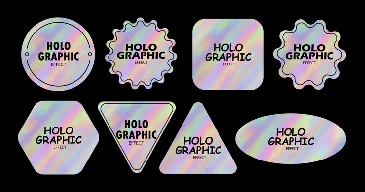 Vetor conjunto de adesivos futuristas retrô holográficos ilustração vetorial com filme adesivo de folha iridescente com símbolos e objetos em rótulos futuristas holográficos estilo y2k