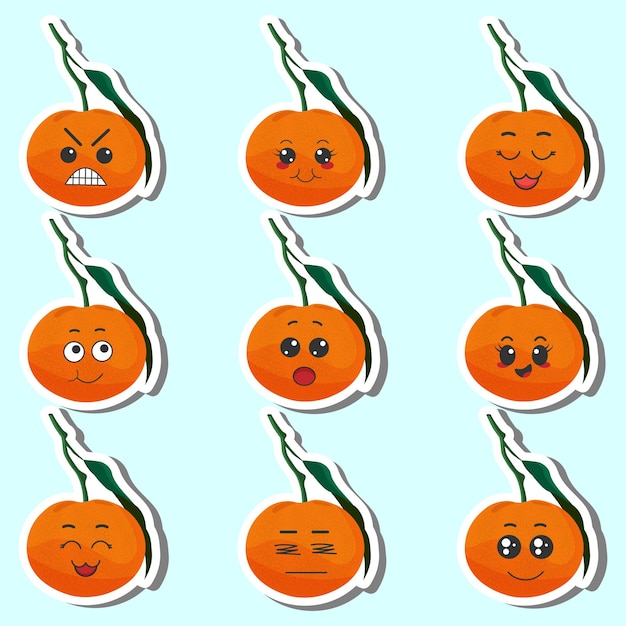 Vetor conjunto de adesivos laranja tangerina com emoções kawaii ilustração em vetor plana de uma tangerina com emoções em um fundo azul