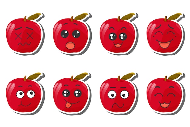 Vetor conjunto de adesivos maçã vermelha com emoções kawaii ilustração em vetor plana de uma maçã com emoções em um fundo branco