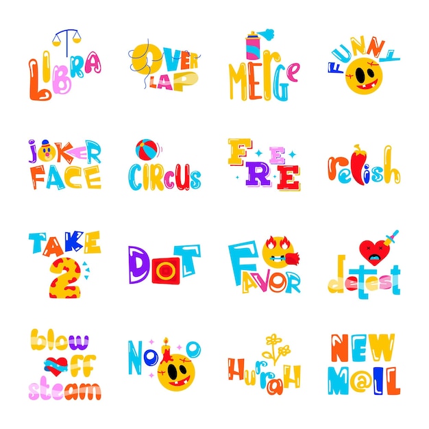 Conjunto de adesivos planos de letras de emoticons