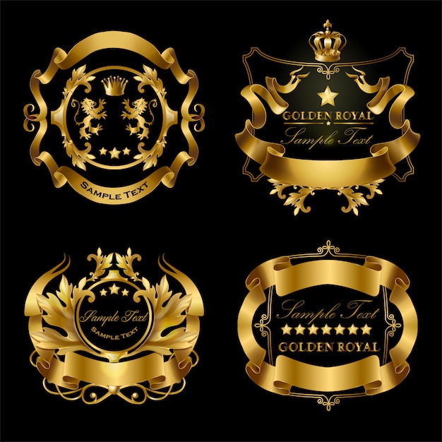 Vetor conjunto de adesivos reais dourados com coroas, fitas, leões, estrelas