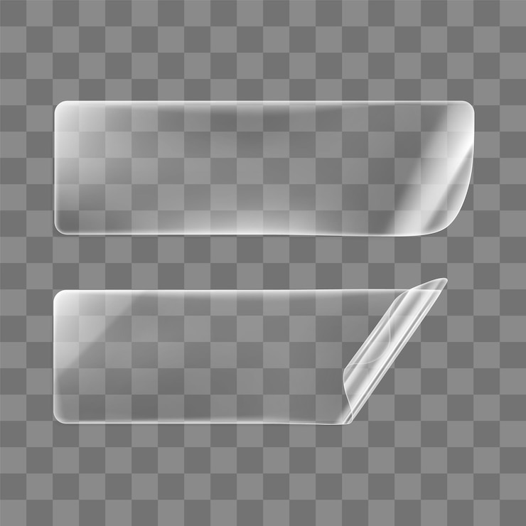 Vetor conjunto de adesivos retangulares colados transparentes com cantos ondulados. papel transparente adesivo em branco ou adesivo de plástico com efeito ondulado e enrugado