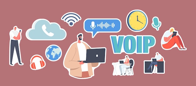 Conjunto de adesivos tecnologia voip, conceito de voz sobre ip. personagens usam telefonia, sistema de telecomunicação via cloud storage. conexão de rede telefônica sem fio. ilustração em vetor desenho animado