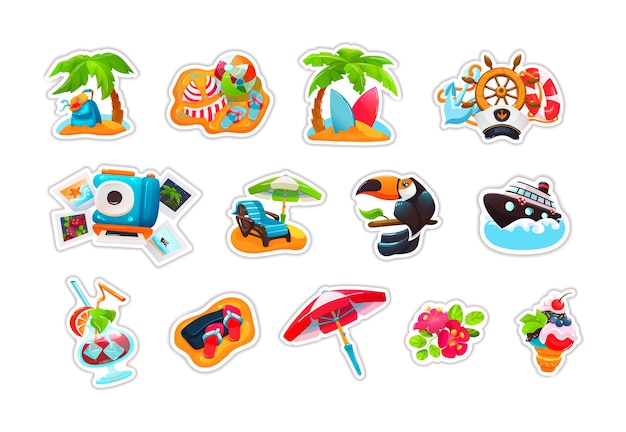 Conjunto de adesivos tropicais de férias de verão engraçado. ícones fofos, palmeira, mala, tucano, maiô