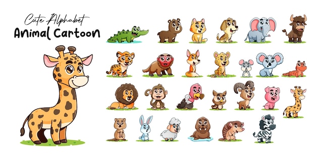 Vetor conjunto de alfabeto animal desenho animado bonito