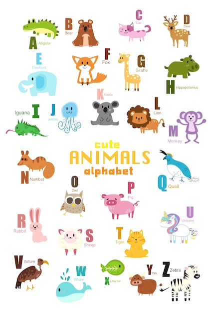 Conjunto de alfabeto de animais fofos.