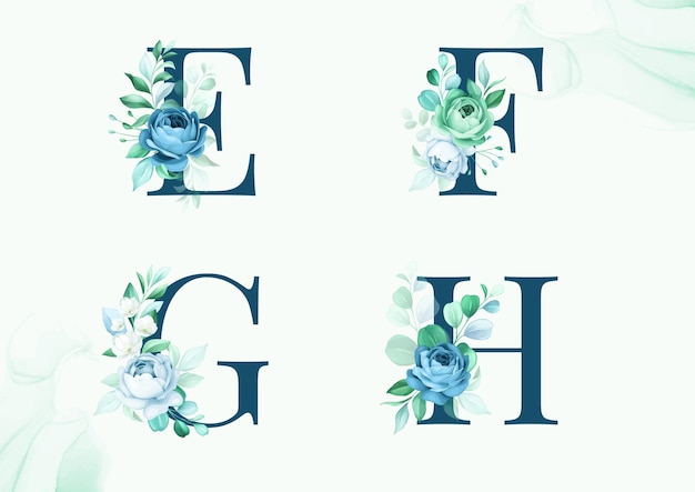 Conjunto de alfabeto floral aquarela de e, f, g, h com flores e folhas