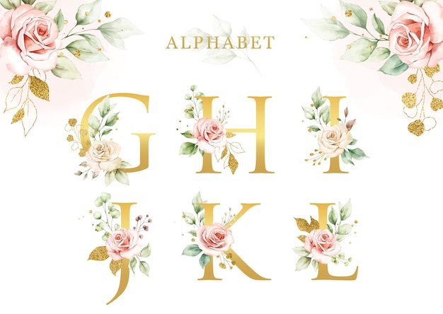 Vetor conjunto de alfabeto floral em aquarela com folhas douradas