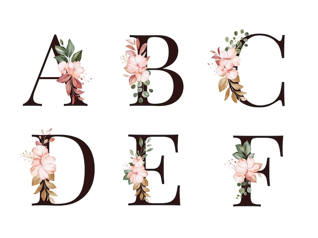 Vetor conjunto de alfabeto floral em aquarela de a, b, c, d, e, f com flores vermelhas e marrons e folhas. composição de flores para logotipo, cartões, branding, etc.