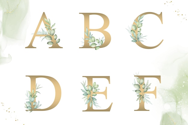 Vetor conjunto de alfabeto floral em aquarela de abcdef com folhagem desenhada à mão
