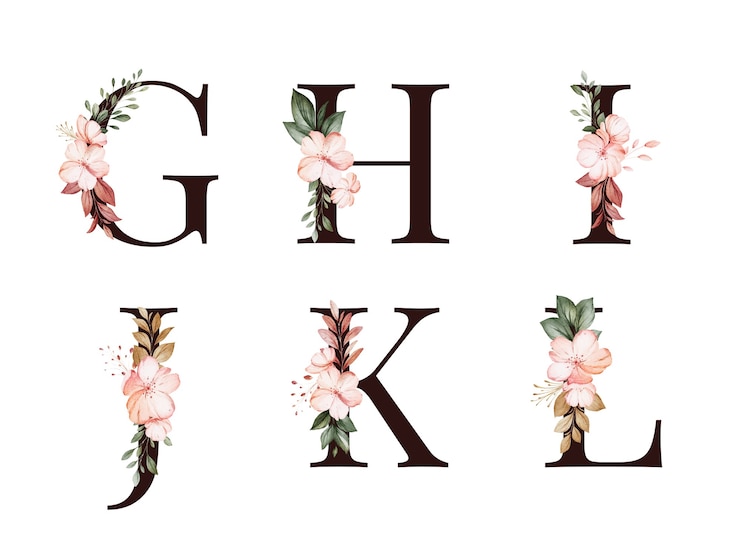 Vetor conjunto de alfabeto floral em aquarela de g; h; eu; j; k; l com flores e folhas vermelhas e marrons.