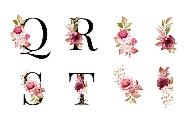 Vetor conjunto de alfabeto floral em aquarela de q, r, s, t com flores vermelhas e marrons e folhas.