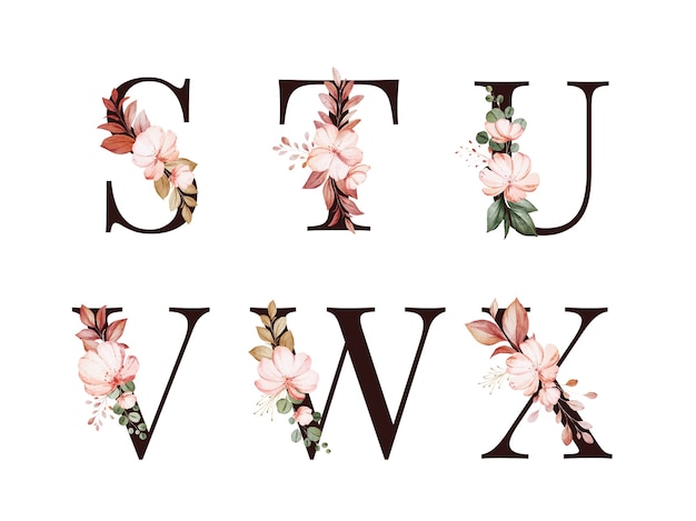 Conjunto de alfabeto floral em aquarela de s; t; você; v; w; x com flores e folhas vermelhas e marrons.