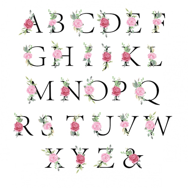 Conjunto de alfabeto floral, letras com flores em aquarela e folhas para convite de casamento