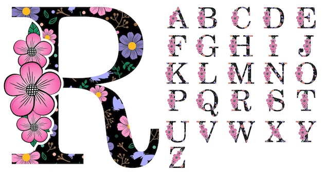 Vetor conjunto de alfabetos florais design de vetores de cores pacote de letras de flores projetos de vetores de fontes florais