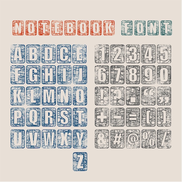 Vetor conjunto de alfabetos vetoriais, traços de caneta, fonte, símbolos e números de pontuação na coleção, textura grunge