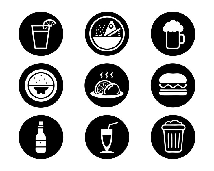 Vetor conjunto de alimentos e bebidas ilustração de ícone alimentos bebidas bebidas restaurante vinho almoço pequeno-almoço