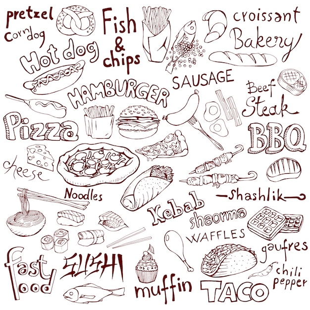 Conjunto de alimentos e inscrições para doodle.