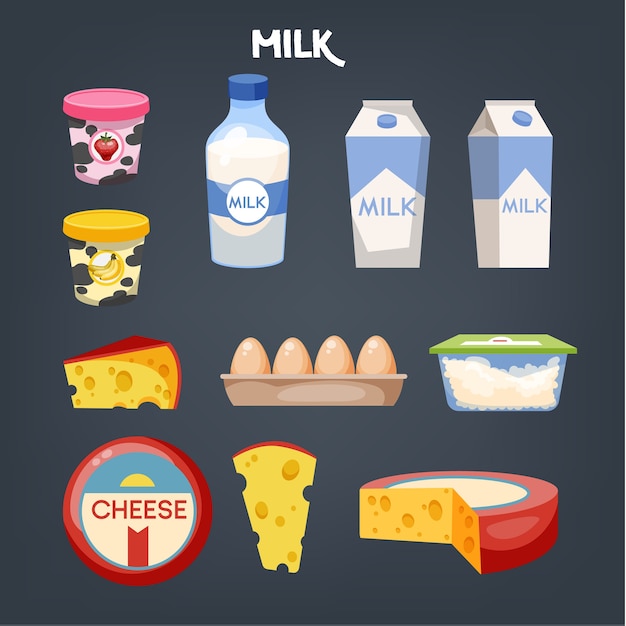 Conjunto de alimentos lácteos. Recolha de produto à base de leite