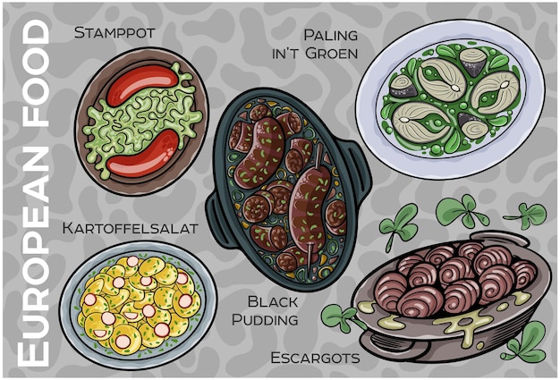 Conjunto de alimentos popular da europa central ocidental vector desenhado à mão