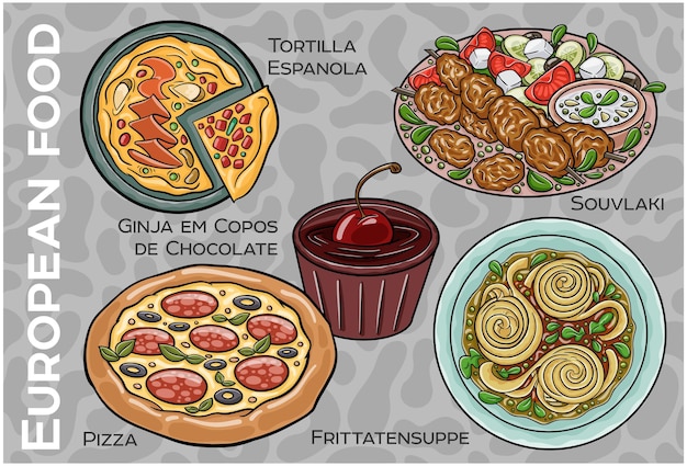Vetor conjunto de alimentos popular da europa central ocidental vector desenhado à mão