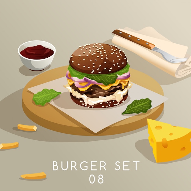 Vetor conjunto de almoço: hambúrgueres e batatas fritas: ilustração
