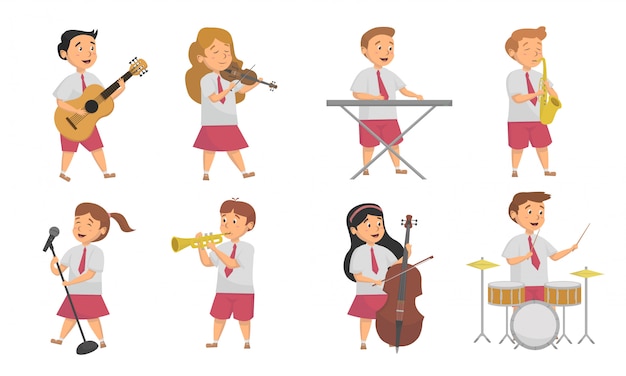 Conjunto de alunos tocando vários instrumentos musicais de ilustração e design