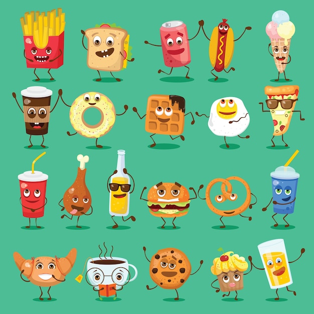 Conjunto de amigos engraçados de desenho animado - fast food e frutas