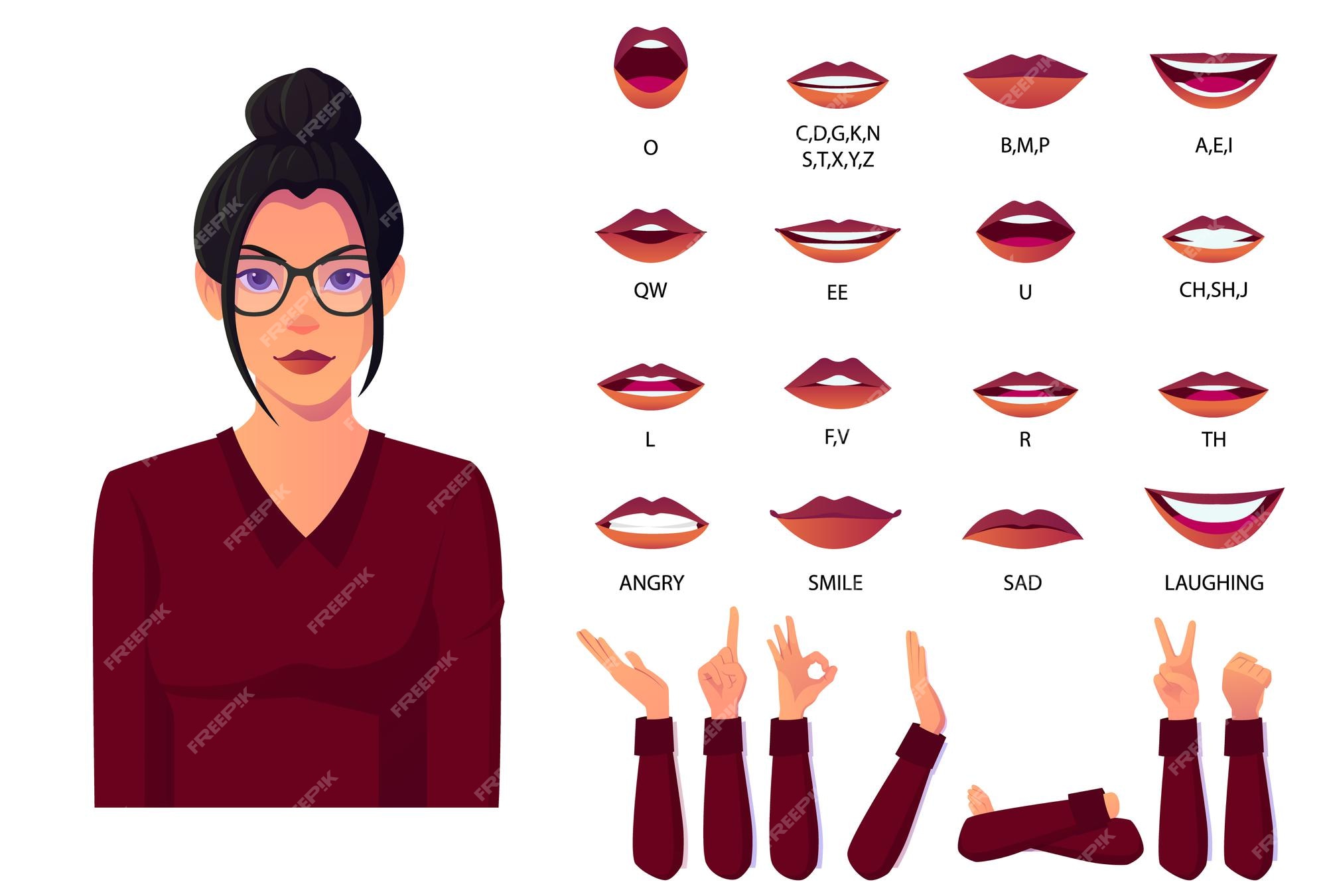 Conjunto de expressão de música de lábios de boca. lip poses para coleção  plana preta de animação de rosto de personagem de desenho animado.