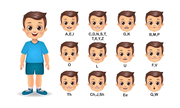 Conjunto de animação de boca de menino e pronúncia do alfabeto