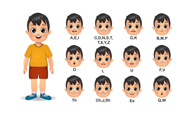 Conjunto de animação de boca de menino e pronúncia do alfabeto