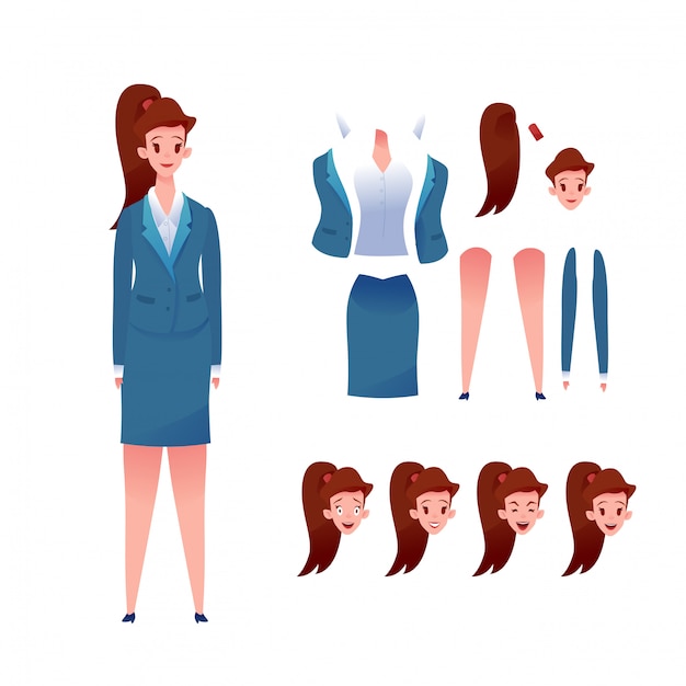 Conjunto de animação de mulher de negócios. moça no terno várias emoções do rosto. kit de criação de gerente feminina. trabalhador de escritório.