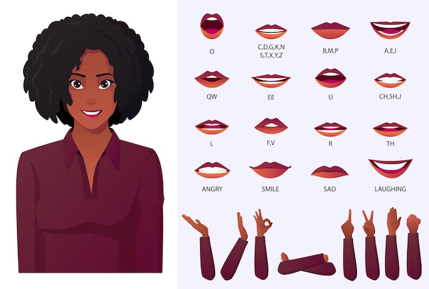 Conjunto de animação e sincronização labial de uma linda mulher negra afro-americana