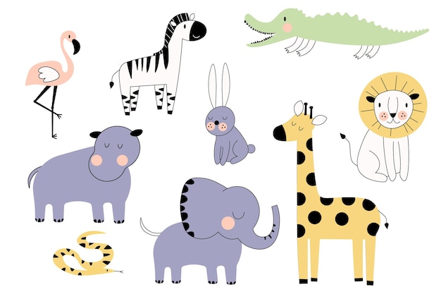 Conjunto de animais africanos de desenho animado uma girafa um leão um elefante uma zebra um hipopótamo vetor eps