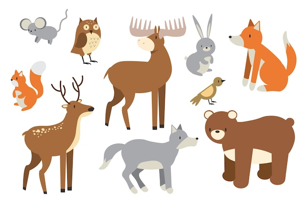 Conjunto de animais da floresta bonito urso raposa lobo coelho e pássaros perfeito para cartões de scrapbooking kit de adesivos de etiqueta de cartaz ilustração vetorial desenhada à mão eps