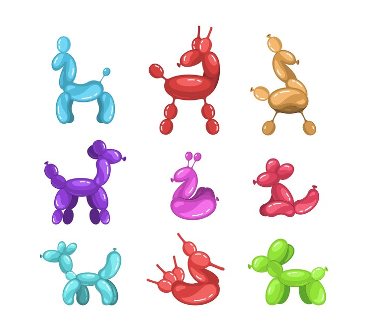 Vetor conjunto de animais de balão girafa, rato e cavalo com festa de aniversário de cachorro, decoração infantil, elementos de borracha engraçados
