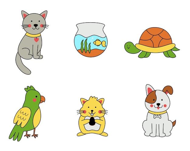 Conjunto de animais de estimação bonitos desenhados à mão em estilo cartoon