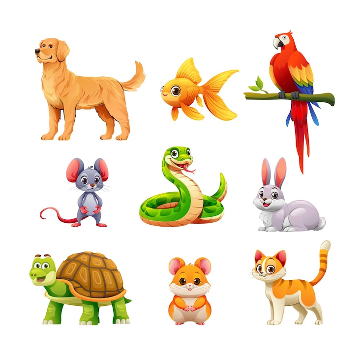 Vetor conjunto de animais de estimação, incluindo cão, coelho, hamster e gato ilustração de desenho animado vector