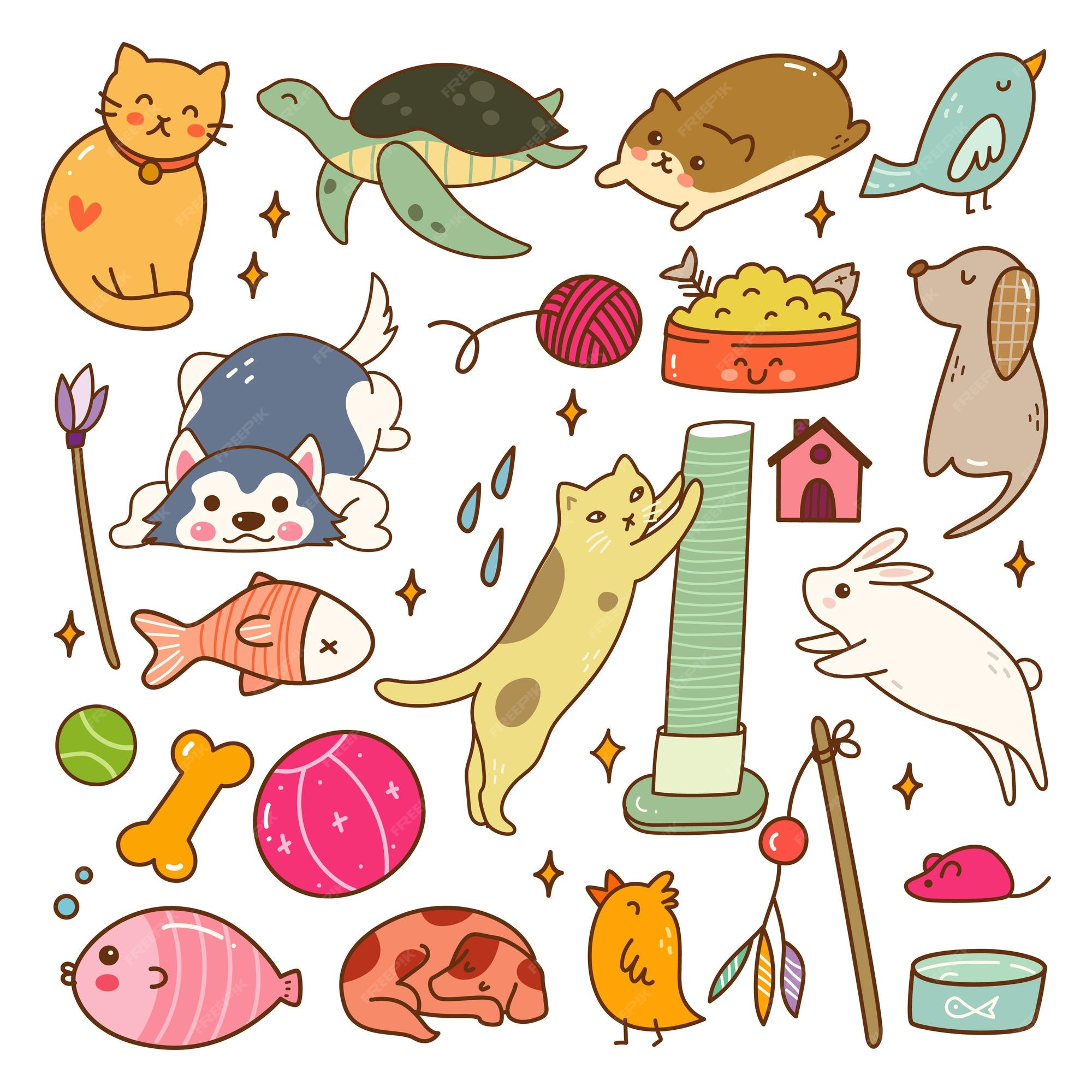 Conjunto de ilustração de doodle de desenho animado de animais kawaii